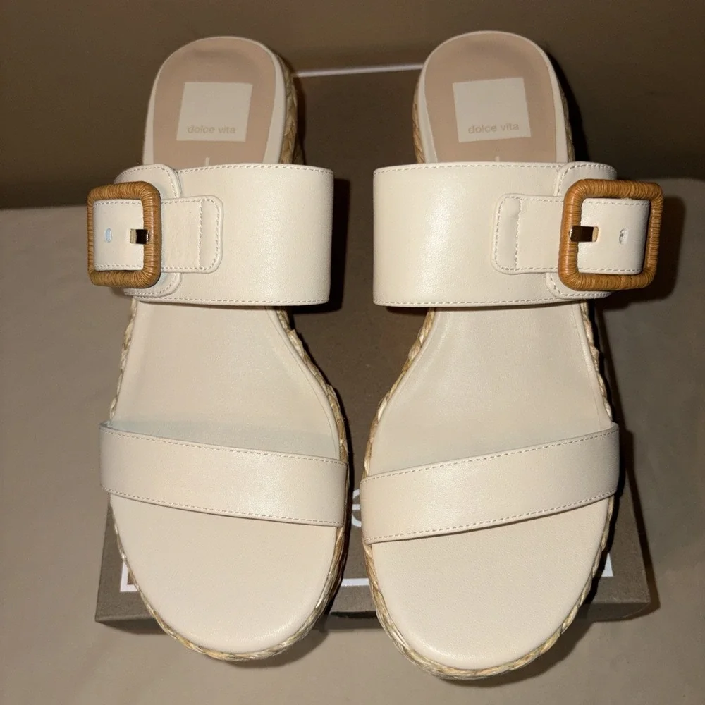NIB $130 Dolce Vita 9.5 Thorin Ivory Leather Sandals Platform Wedge Slip On